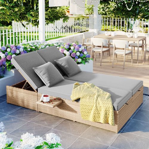 Outdoor Double Sunbed; Wicker Rattan Patio Reclining Chairs with Adjustable Backrest and Seat; Conversational Set for 2 Person Outdoor Double Sunbed; Wicker Rattan Patio Reclining Chairs with Adjustable Backrest and Seat; Conversational Set for 2 Person
